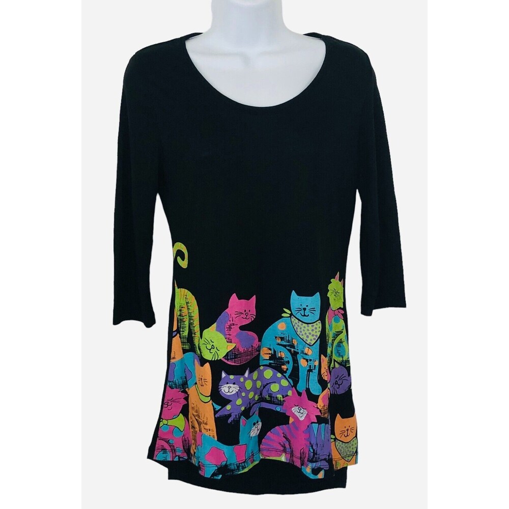 Mac & Belle Wm Small Colorful Graphic Kitty Pullover 3/4 Sleeve Black Knit Top